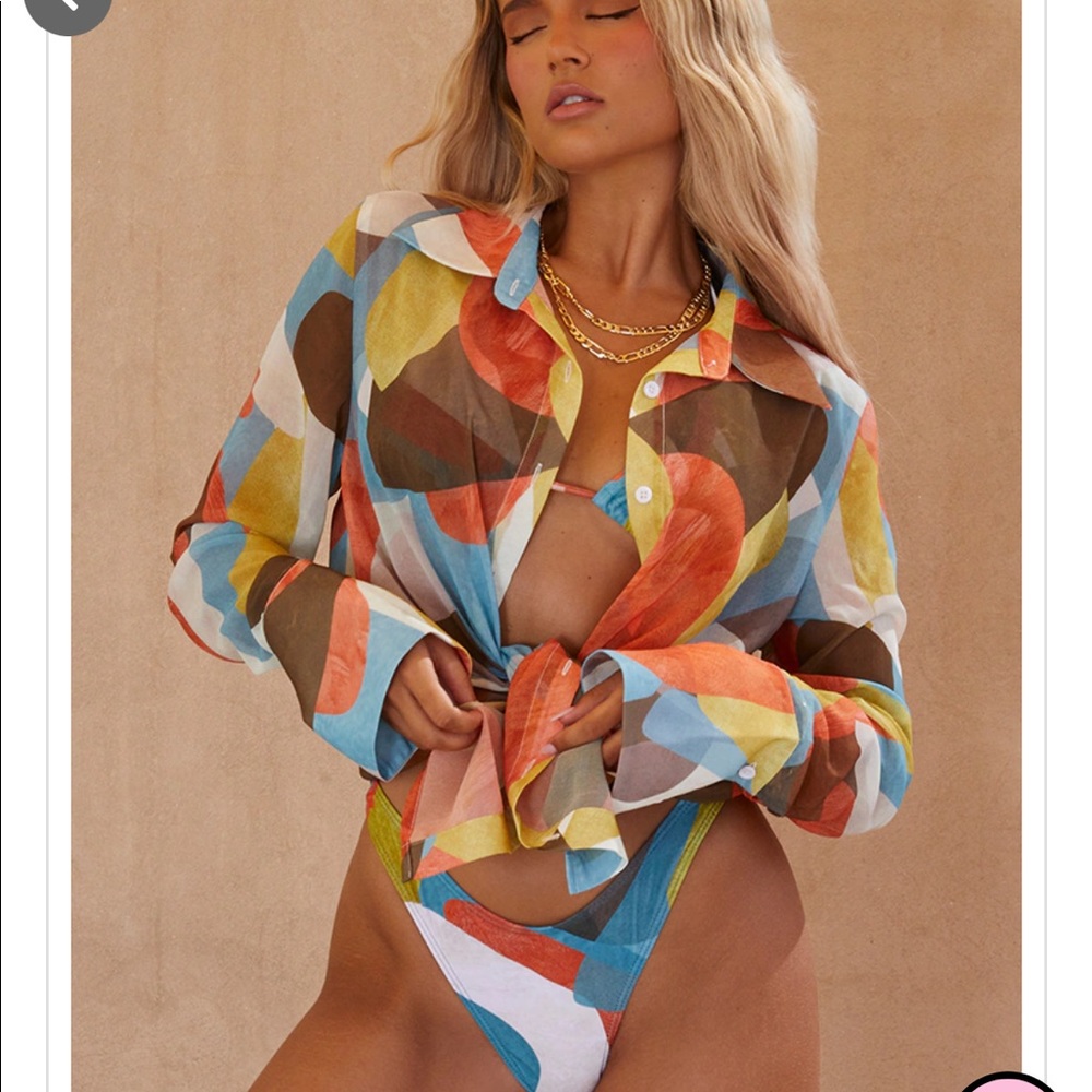 Pretty Little Thing Multi Abstract Printed Mesh Oversized Beach Shirt